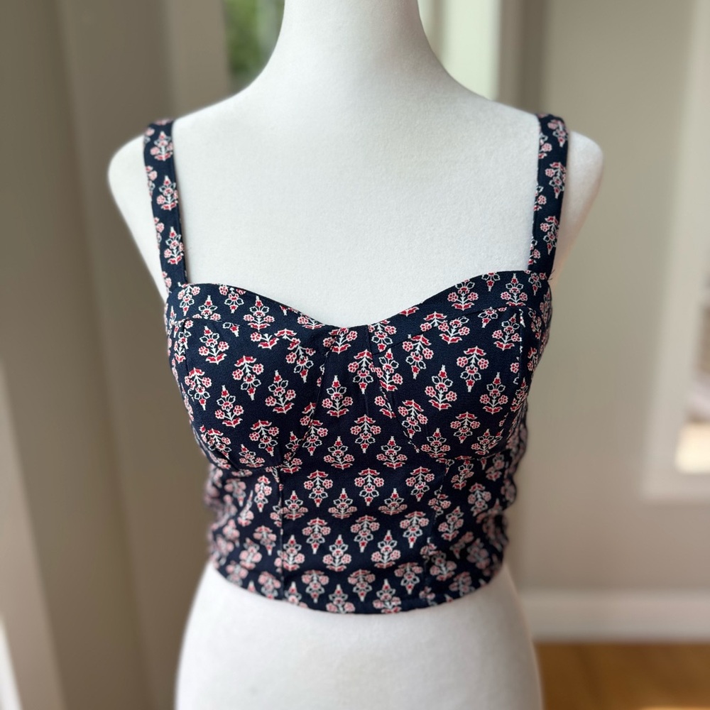 Band of Gypsies Navy Blue Red Floral Bustier Cropped Tank Top Size Small